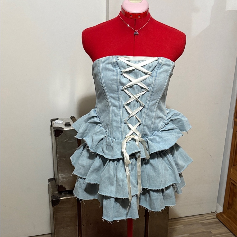 PrettyLittleThing Light Blue Strapless Denim Corset Ruffle Mini Dress